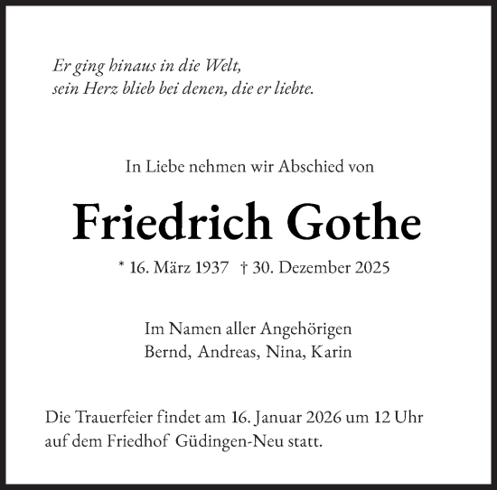 Traueranzeige von Friedrich Gothe von saarbruecker_zeitung