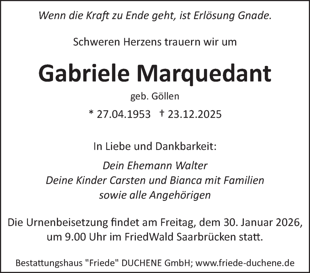  Traueranzeige für Gabriele Marquedant vom 17.01.2026 aus saarbruecker_zeitung