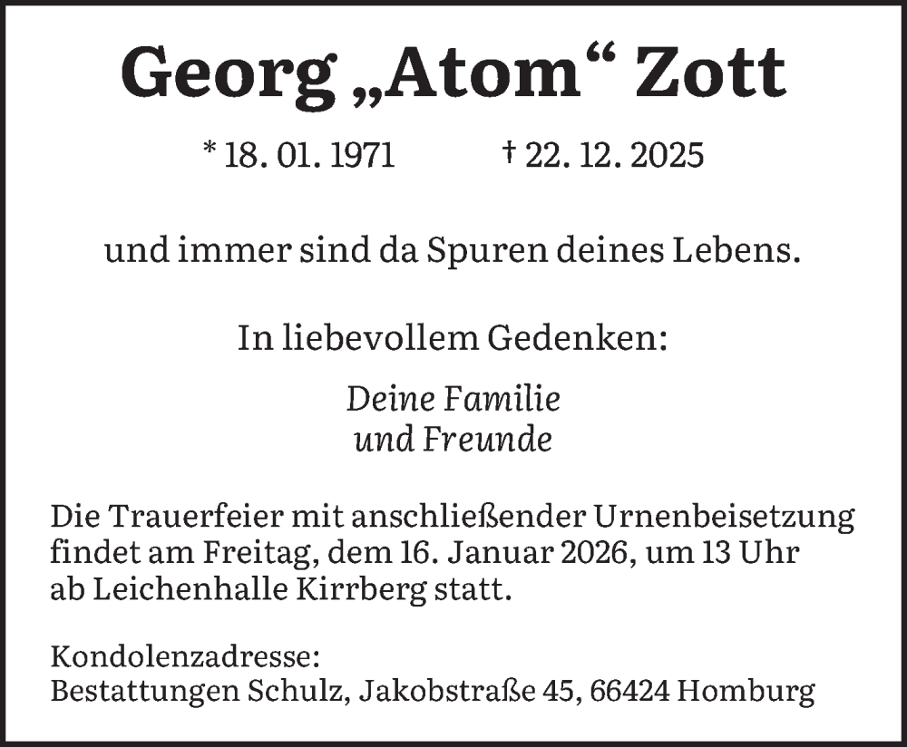  Traueranzeige für Georg Zott vom 10.01.2026 aus saarbruecker_zeitung