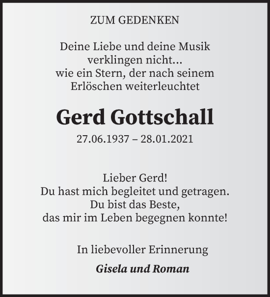 Traueranzeige von Gerd Gottschall von saarbruecker_zeitung