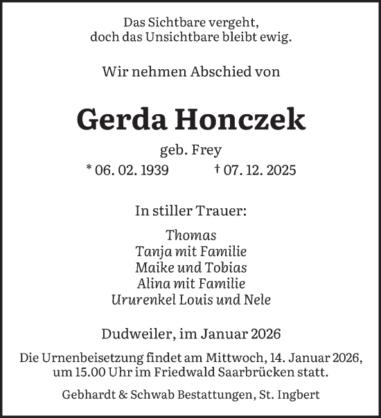 Traueranzeige von Gerda Honczek von saarbruecker_zeitung
