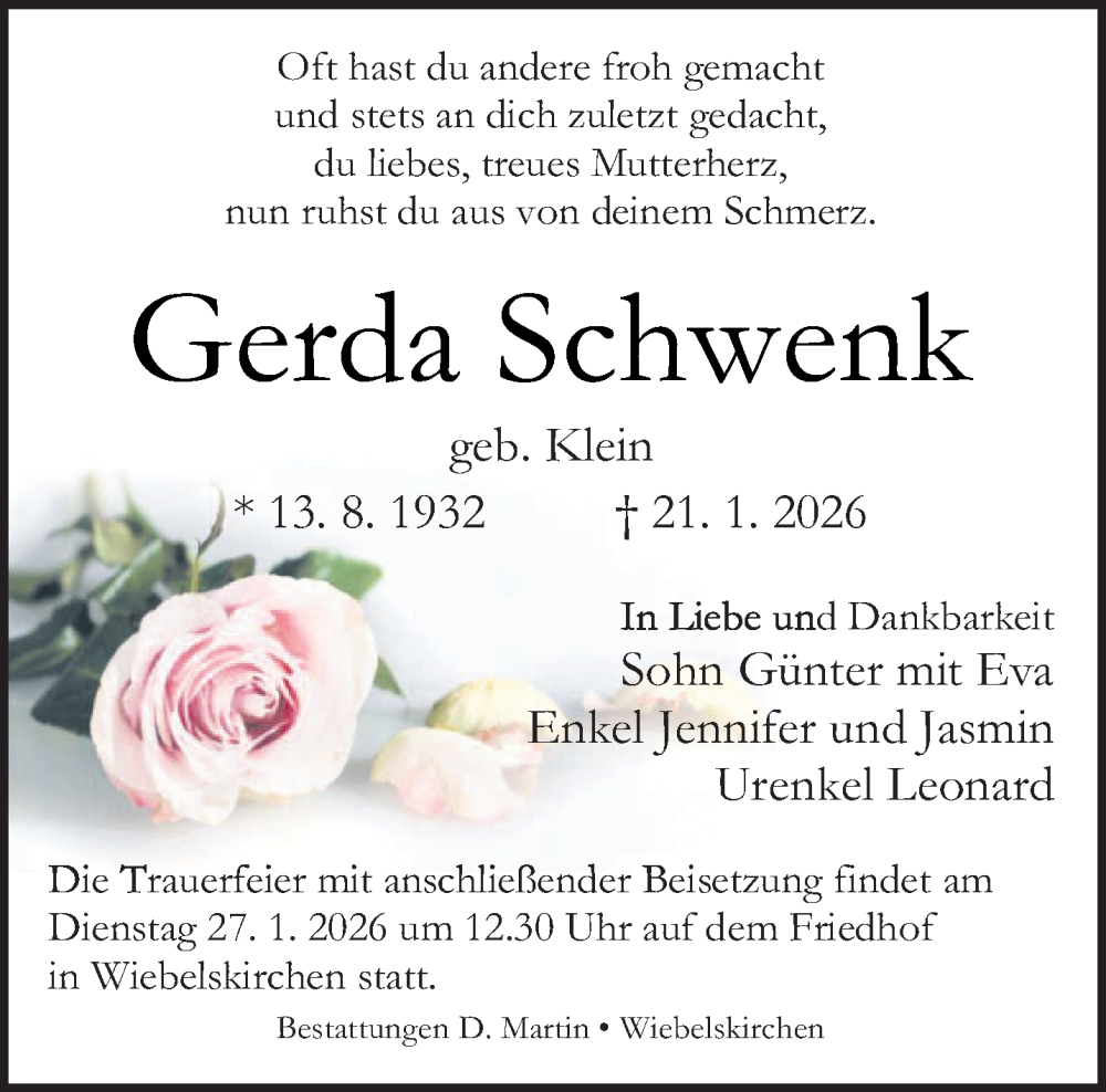  Traueranzeige für Gerda Schwenk vom 24.01.2026 aus saarbruecker_zeitung