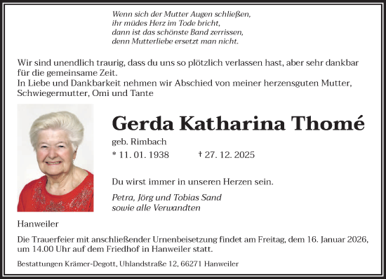Traueranzeige von Gerda Katharina Thomé von saarbruecker_zeitung