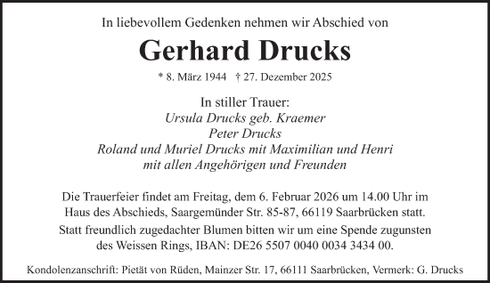 Traueranzeige von Gerhard Drucks von saarbruecker_zeitung
