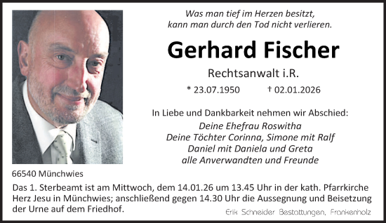 Traueranzeige von Gerhard Fischer von saarbruecker_zeitung