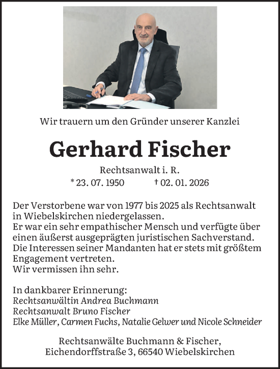 Traueranzeige von Gerhard Fischer von saarbruecker_zeitung