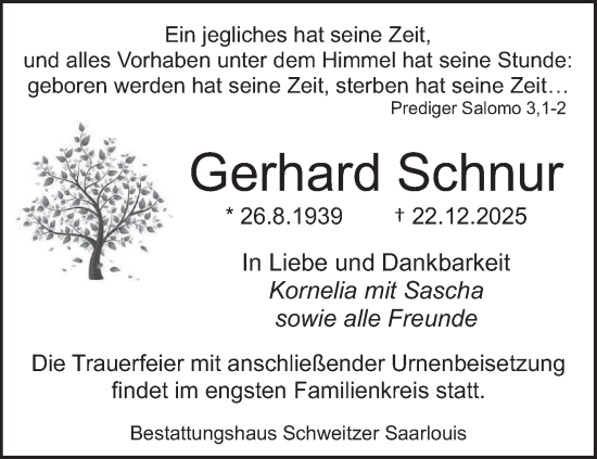 Traueranzeige von Gerhard Schnur von saarbruecker_zeitung