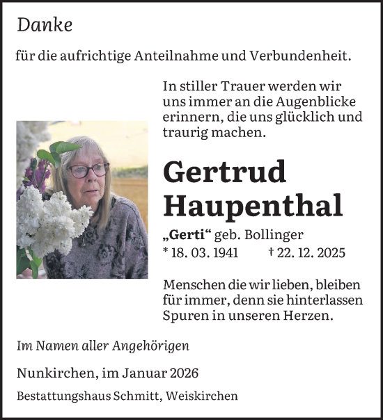Traueranzeige von Gertrud Haupenthal von saarbruecker_zeitung