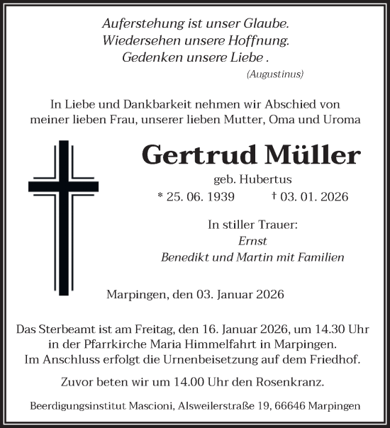 Traueranzeige von Gertrud Müller von saarbruecker_zeitung