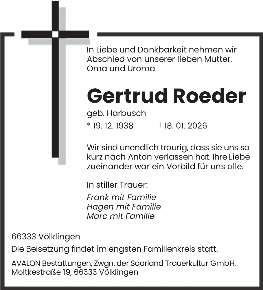  Traueranzeige für Gertrud Roeder vom 24.01.2026 aus saarbruecker_zeitung