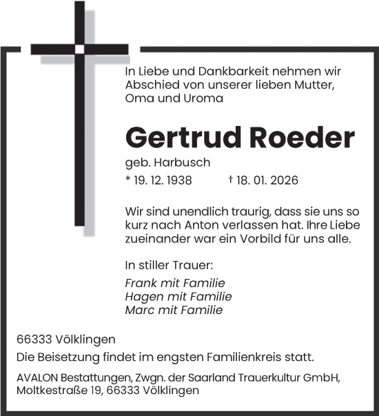 Traueranzeige von Gertrud Roeder von saarbruecker_zeitung