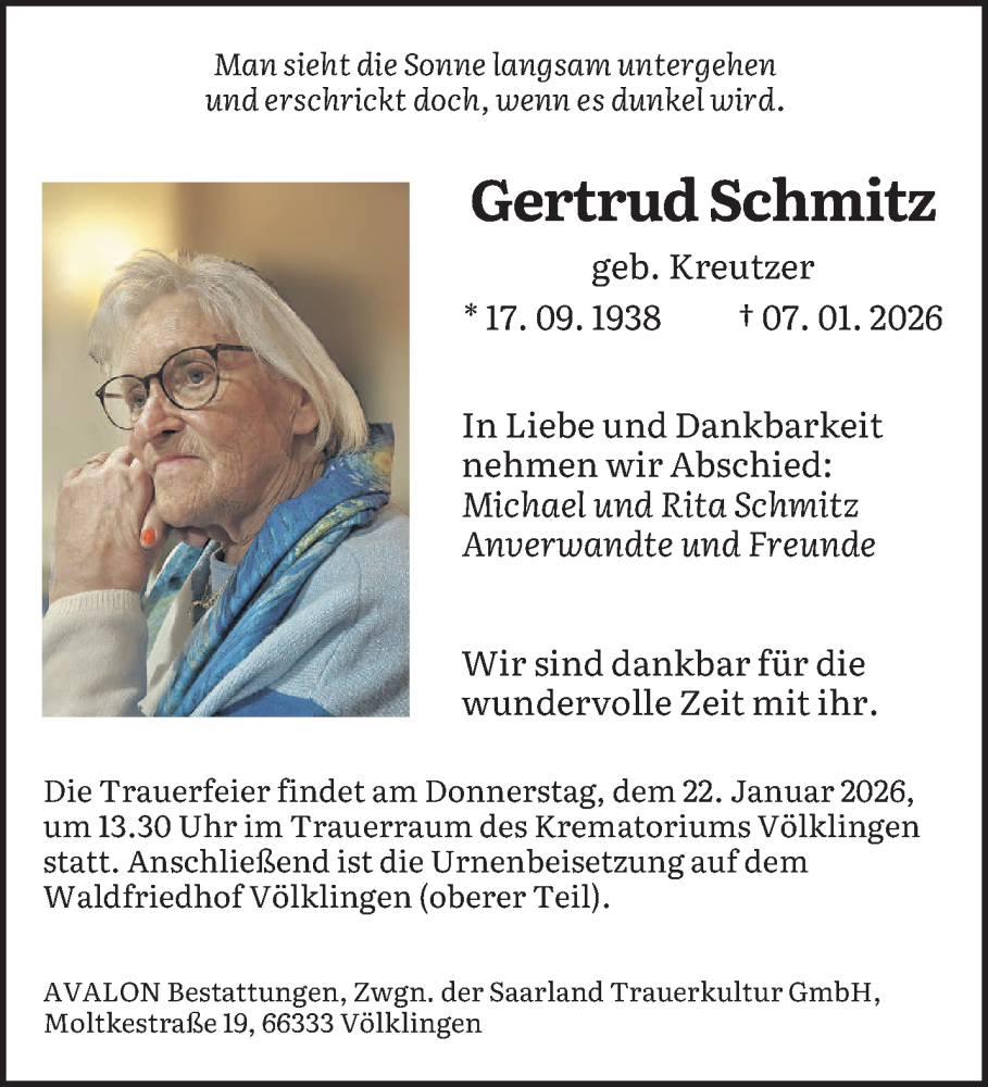  Traueranzeige für Gertrud Schmitz vom 17.01.2026 aus saarbruecker_zeitung