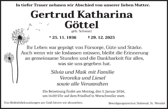 Traueranzeige von Gertrud Katharina Göttel von saarbruecker_zeitung