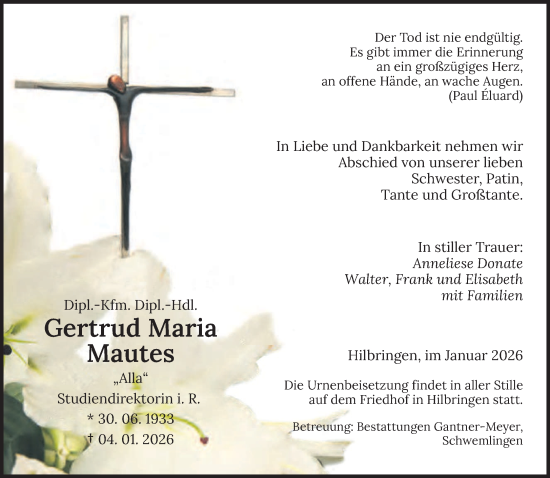 Traueranzeige von Gertrud Maria Mautes von saarbruecker_zeitung