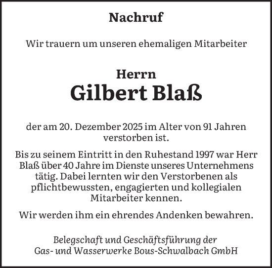 Traueranzeige von Gilbert Blaß von saarbruecker_zeitung