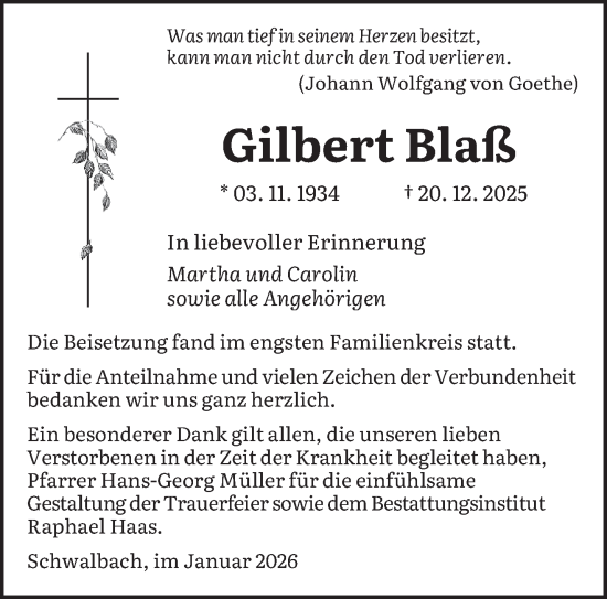 Traueranzeige von Gilbert Blaß von saarbruecker_zeitung