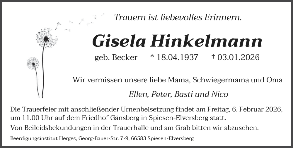  Traueranzeige für Gisela Hinkelmann vom 31.01.2026 aus saarbruecker_zeitung