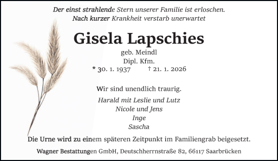 Traueranzeige von Gisela Lapschies von saarbruecker_zeitung