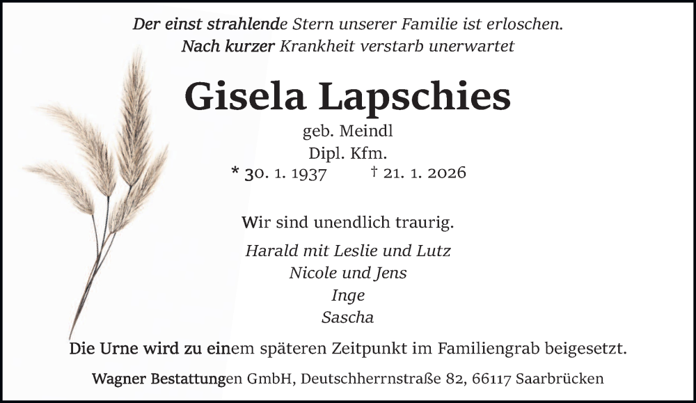 Traueranzeige für Gisela Lapschies vom 24.01.2026 aus saarbruecker_zeitung