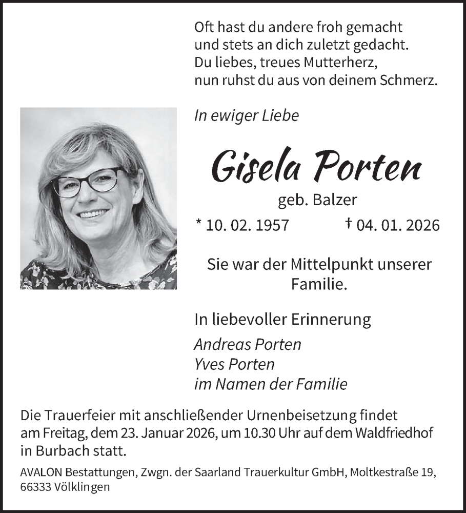  Traueranzeige für Gisela Porten vom 17.01.2026 aus saarbruecker_zeitung
