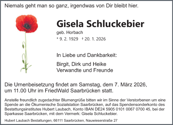 Traueranzeige von Gisela Schluckebier von saarbruecker_zeitung