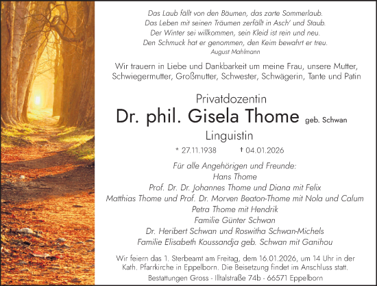 Traueranzeige von Gisela Thome von saarbruecker_zeitung