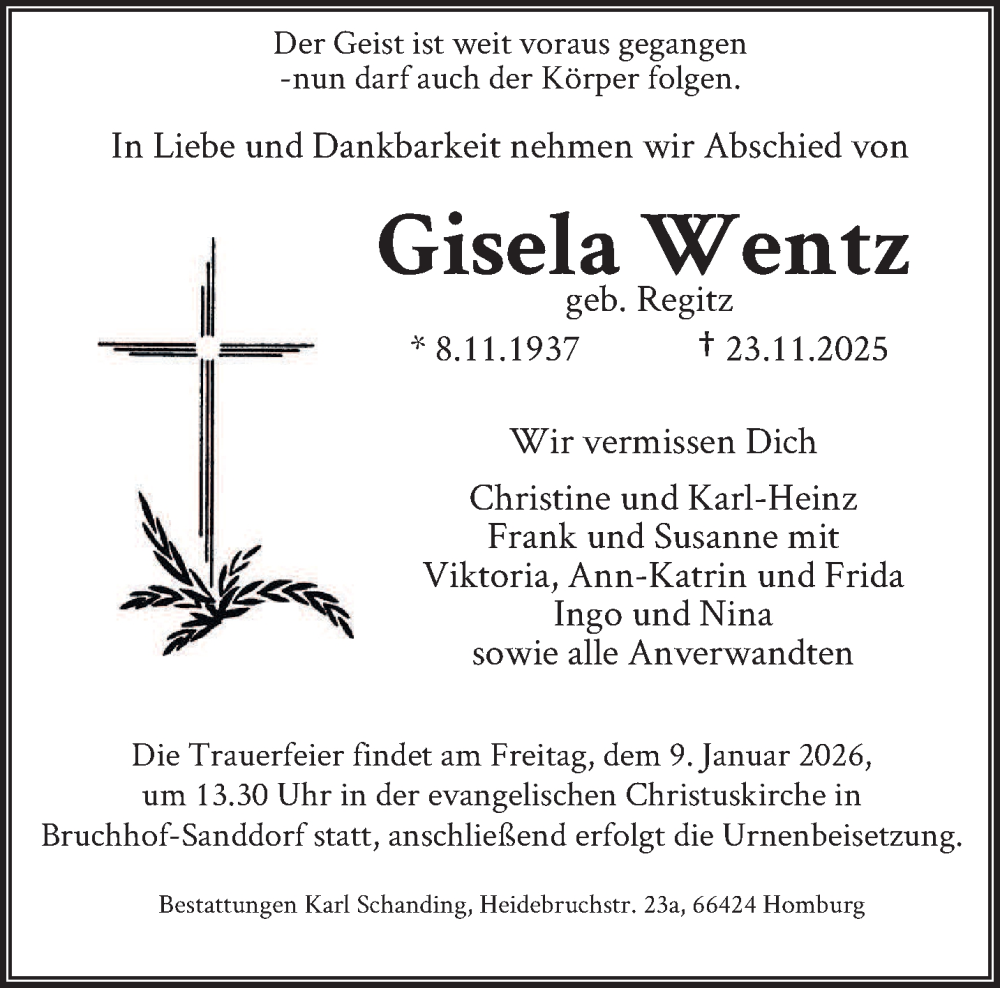  Traueranzeige für Gisela Wentz vom 03.01.2026 aus saarbruecker_zeitung
