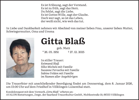 Traueranzeige von Gitta Blaß von saarbruecker_zeitung