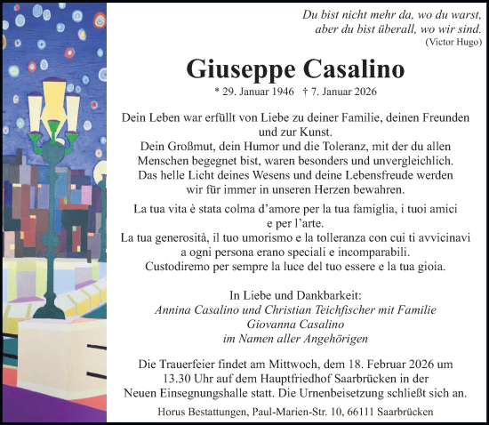 Traueranzeige von Giuseppe Casalino von saarbruecker_zeitung