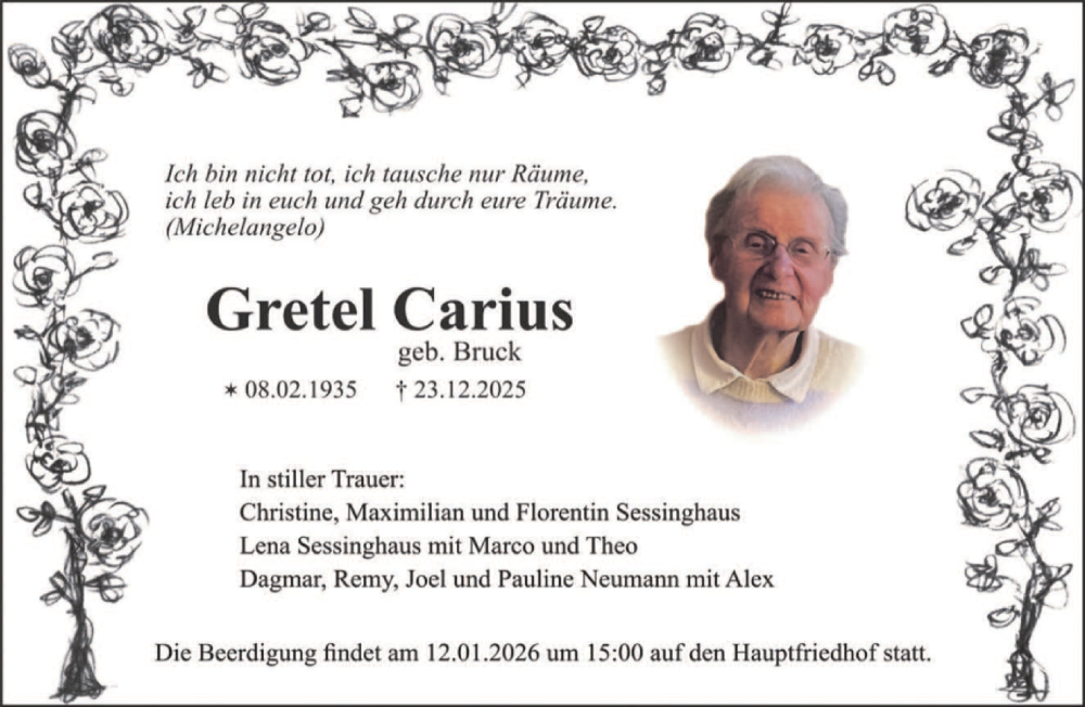  Traueranzeige für Gretel Carius vom 06.01.2026 aus saarbruecker_zeitung