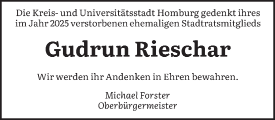 Traueranzeige von Gudrun Rieschar von saarbruecker_zeitung
