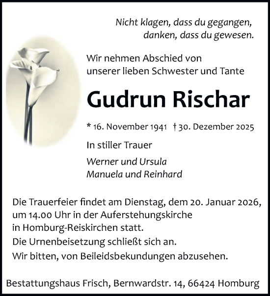 Traueranzeige von Gudrun Rischar von saarbruecker_zeitung