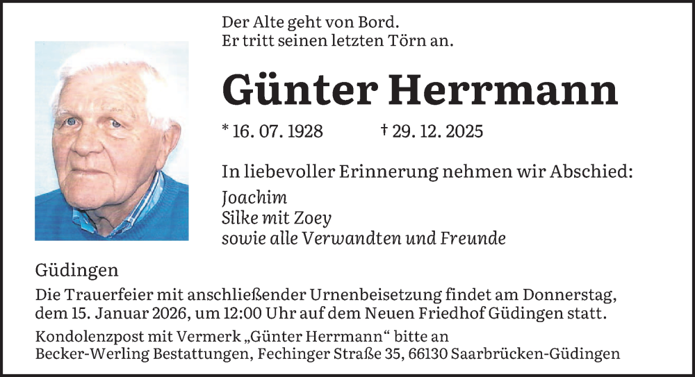  Traueranzeige für Günter Herrmann vom 10.01.2026 aus saarbruecker_zeitung