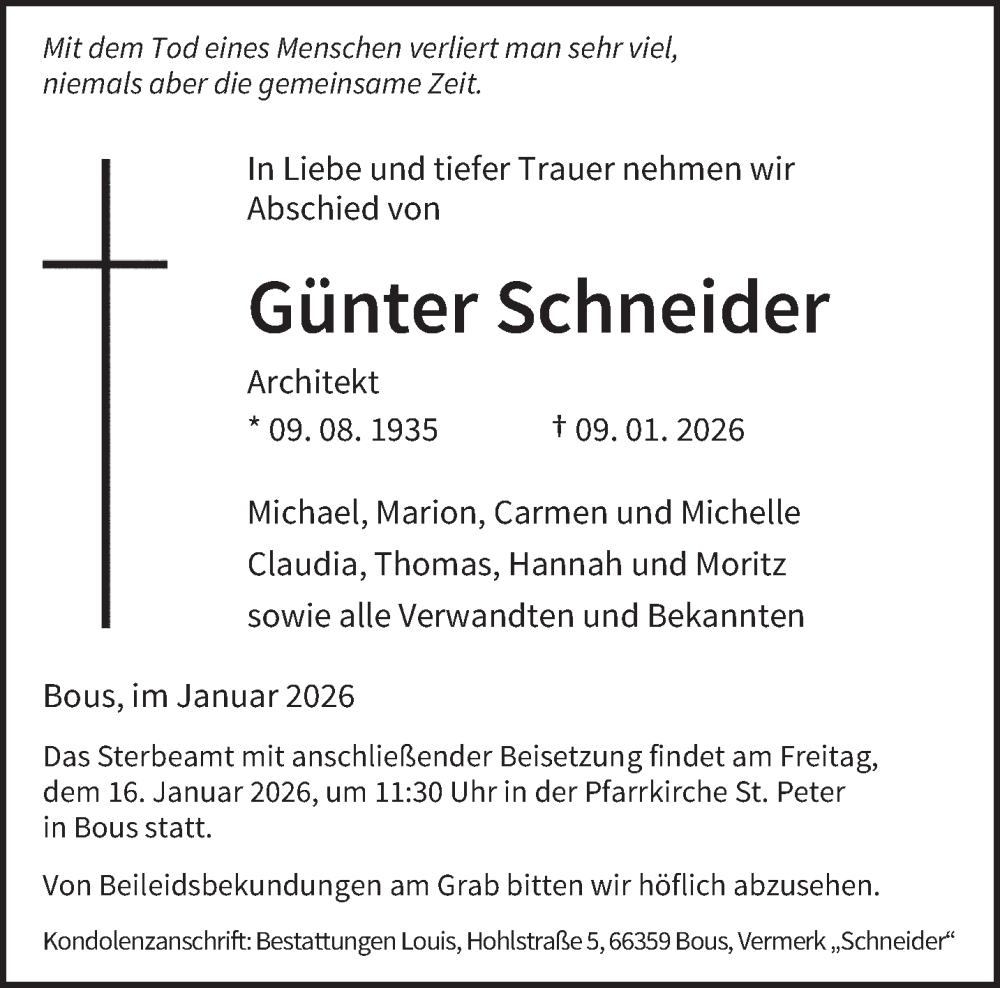  Traueranzeige für Günter Schneider vom 13.01.2026 aus saarbruecker_zeitung