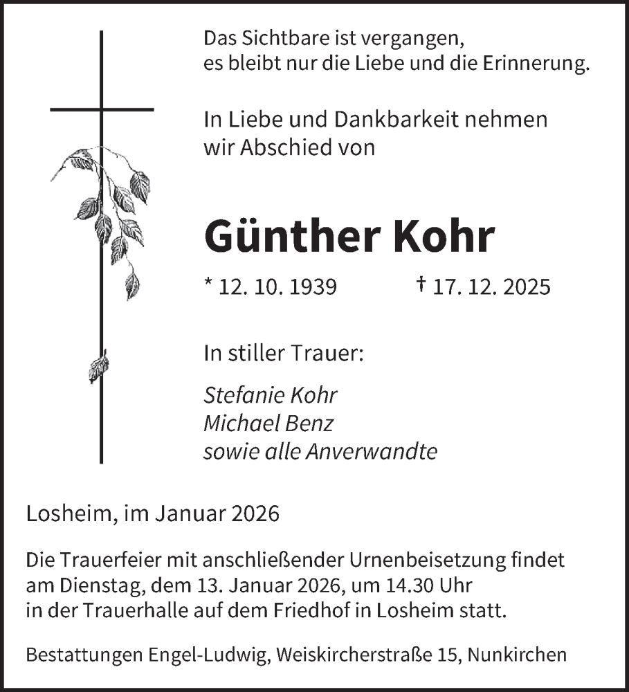  Traueranzeige für Günther Kohr vom 03.01.2026 aus saarbruecker_zeitung