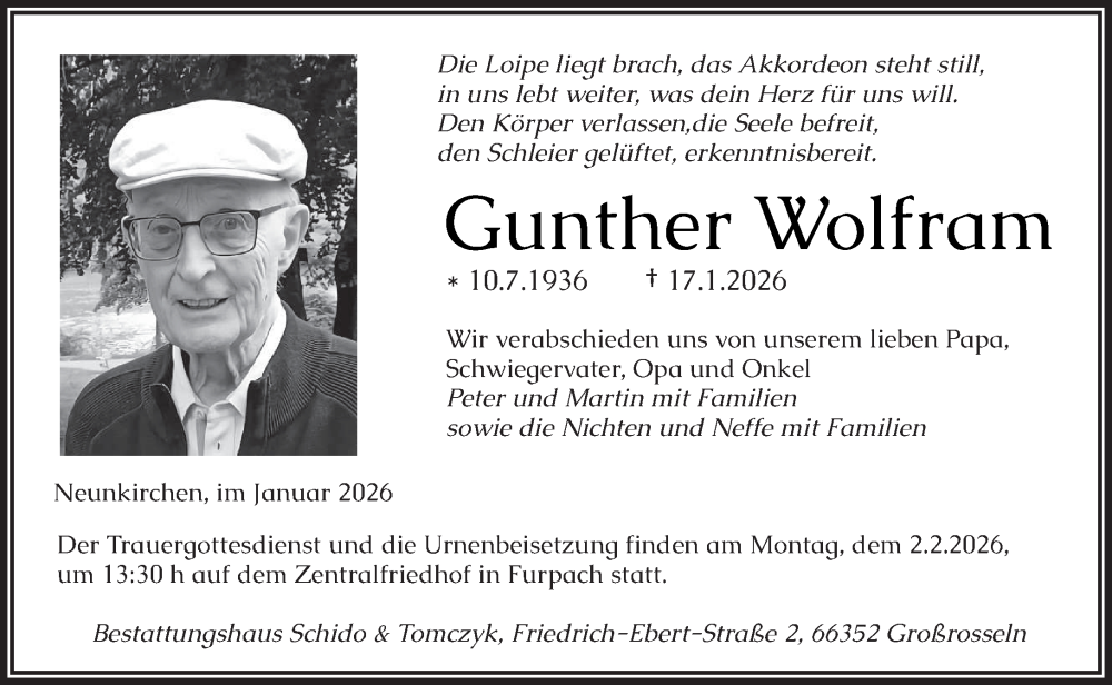  Traueranzeige für Gunther Wolfram vom 24.01.2026 aus saarbruecker_zeitung