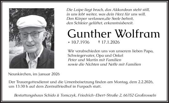 Traueranzeige von Gunther Wolfram von saarbruecker_zeitung