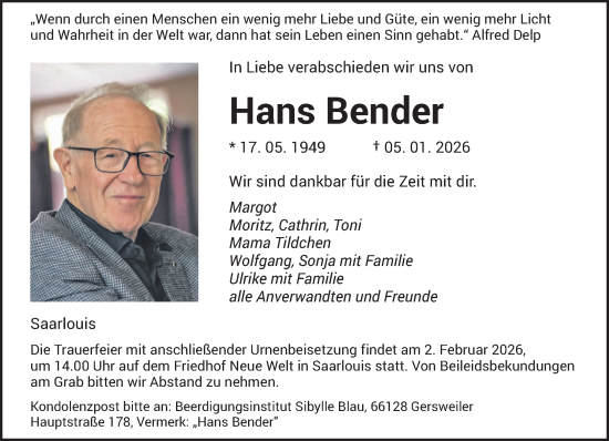 Traueranzeige von Hans Bender von saarbruecker_zeitung