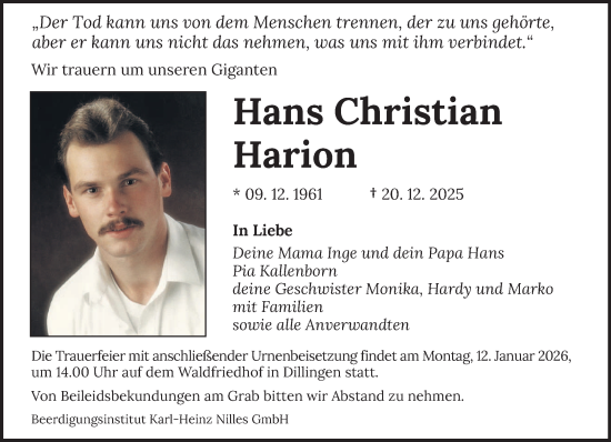 Traueranzeige von Hans Christian Harion von saarbruecker_zeitung