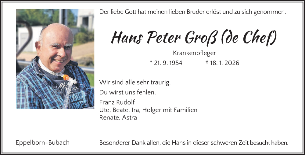  Traueranzeige für Hans Peter Groß vom 24.01.2026 aus saarbruecker_zeitung