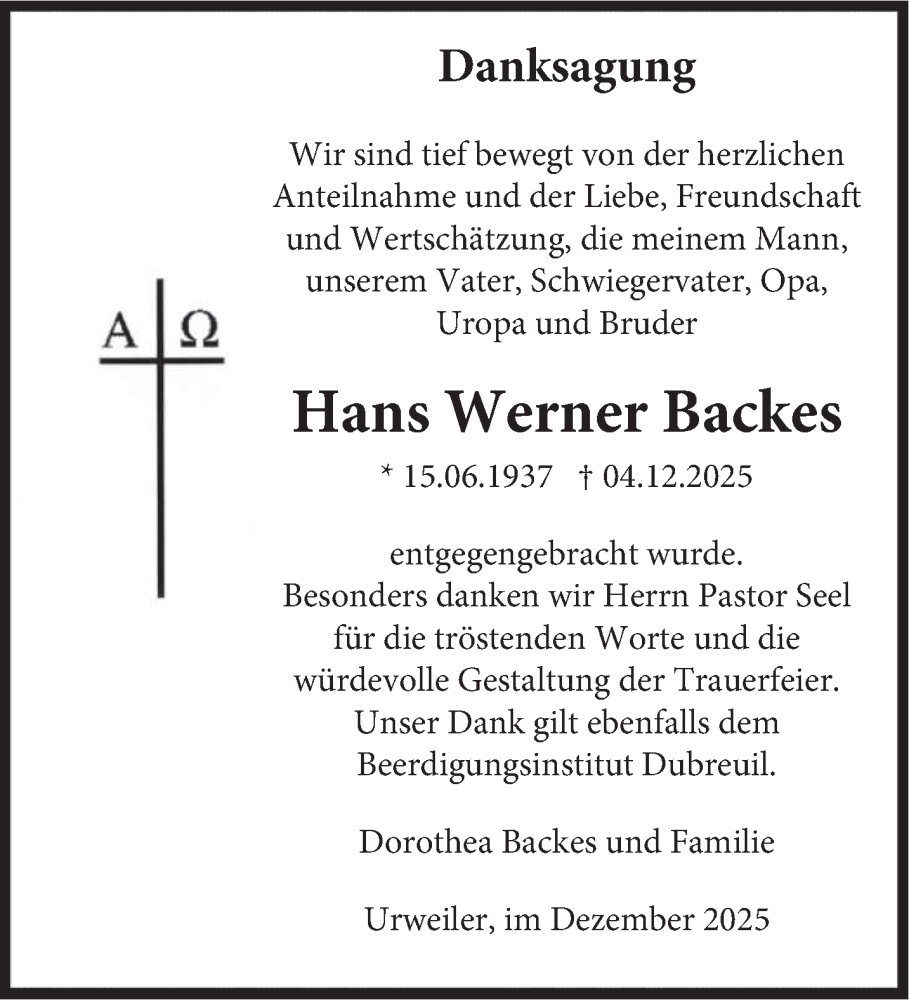 Traueranzeige für Hans Werner Backes vom 31.12.2025 aus saarbruecker_zeitung