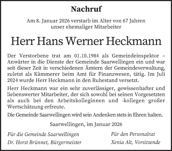 Traueranzeige von Hans Werner Heckmann von saarbruecker_zeitung