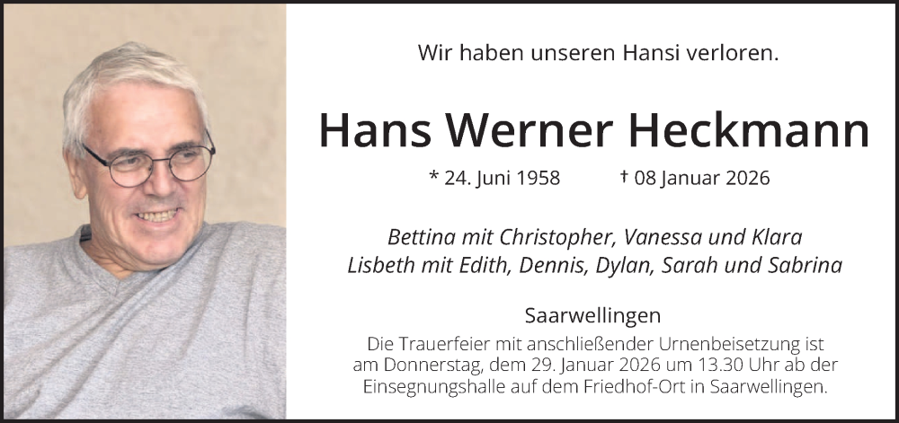  Traueranzeige für Hans Werner Heckmann vom 24.01.2026 aus saarbruecker_zeitung