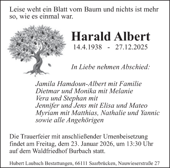 Traueranzeige von Harald Albert von saarbruecker_zeitung