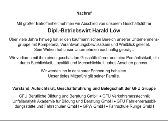 Traueranzeige von Harald Löw von saarbruecker_zeitung