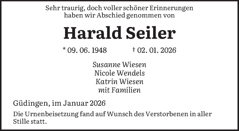  Traueranzeige für Harald Seiler vom 31.01.2026 aus saarbruecker_zeitung