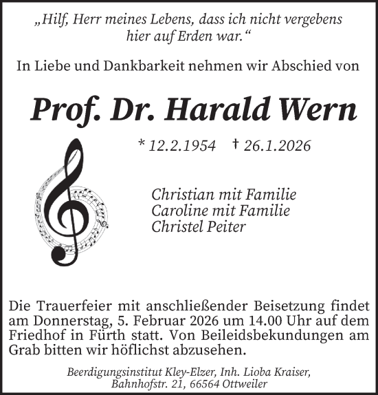 Traueranzeige von Harald Wern von saarbruecker_zeitung