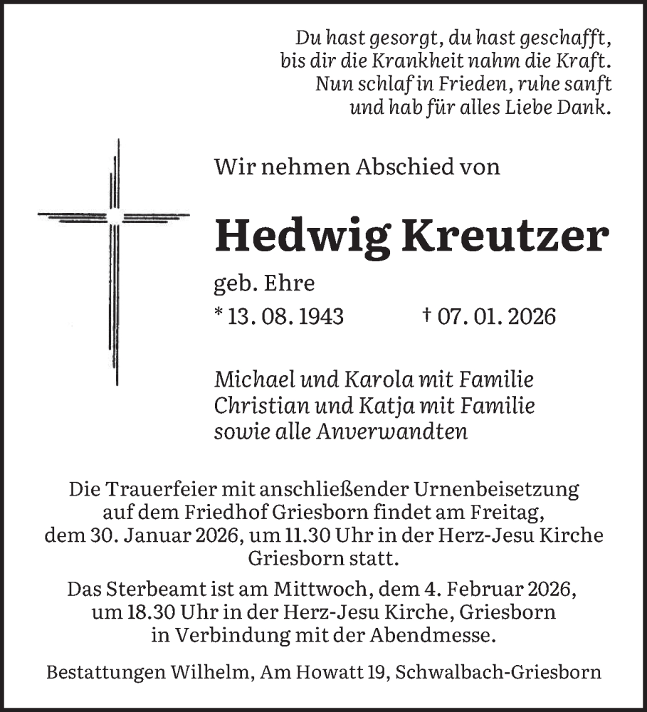  Traueranzeige für Hedwig Kreutzer vom 24.01.2026 aus saarbruecker_zeitung
