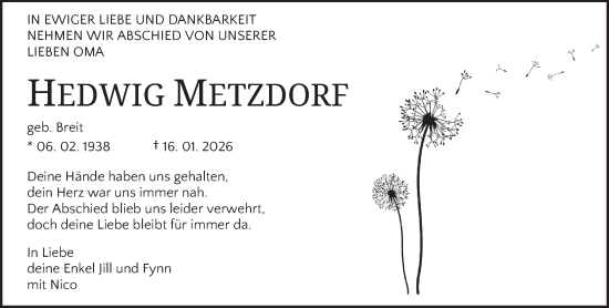 Traueranzeige von Hedwig Metzdorf von saarbruecker_zeitung