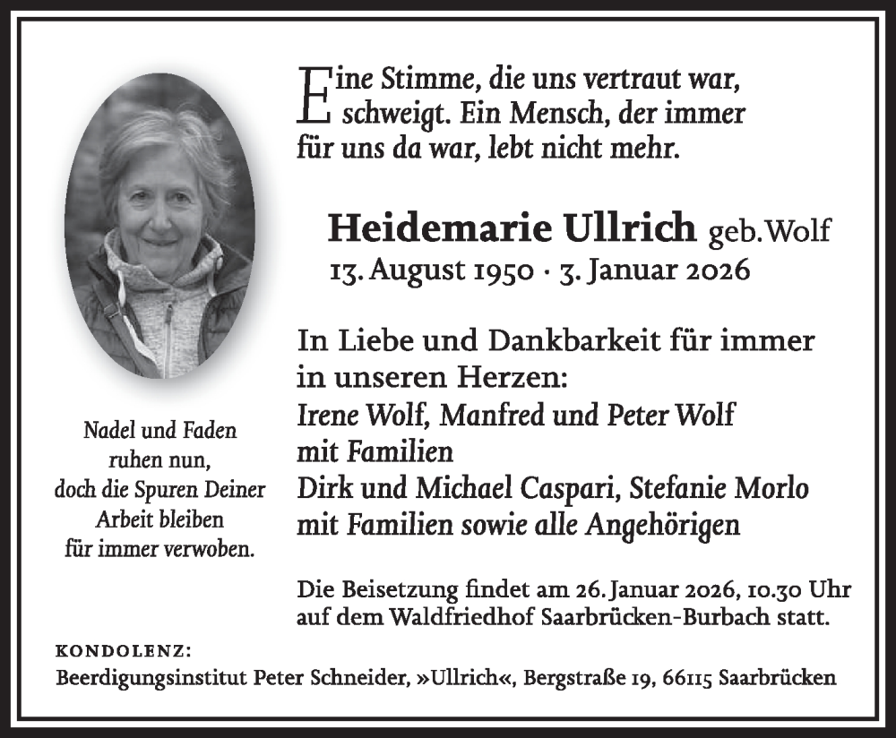  Traueranzeige für Heidemarie Ullrich vom 17.01.2026 aus saarbruecker_zeitung